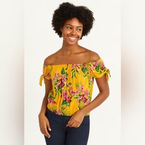Forever 21 Floral Off Shoulder Top Tie Sleeve Blouse Yellow Medium‎